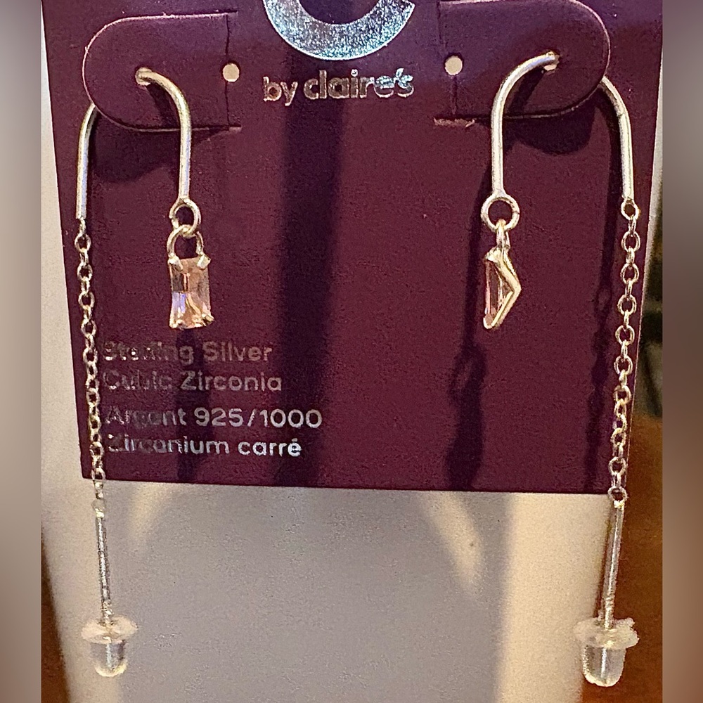 NWT, Threader Sterling Silver Earrings with Pink Cubic Zirconia Baguettes